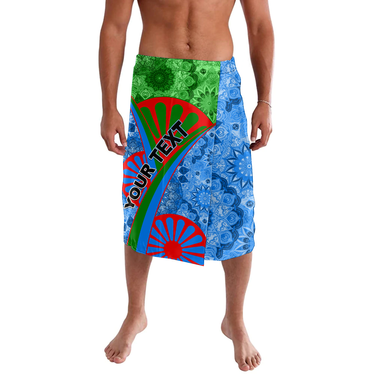 Lavalava wrap skirt, green blue red patch print with large diagonal text