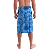 Lavalava wrap skirt, blue patterned print with geometric and mandala motifs