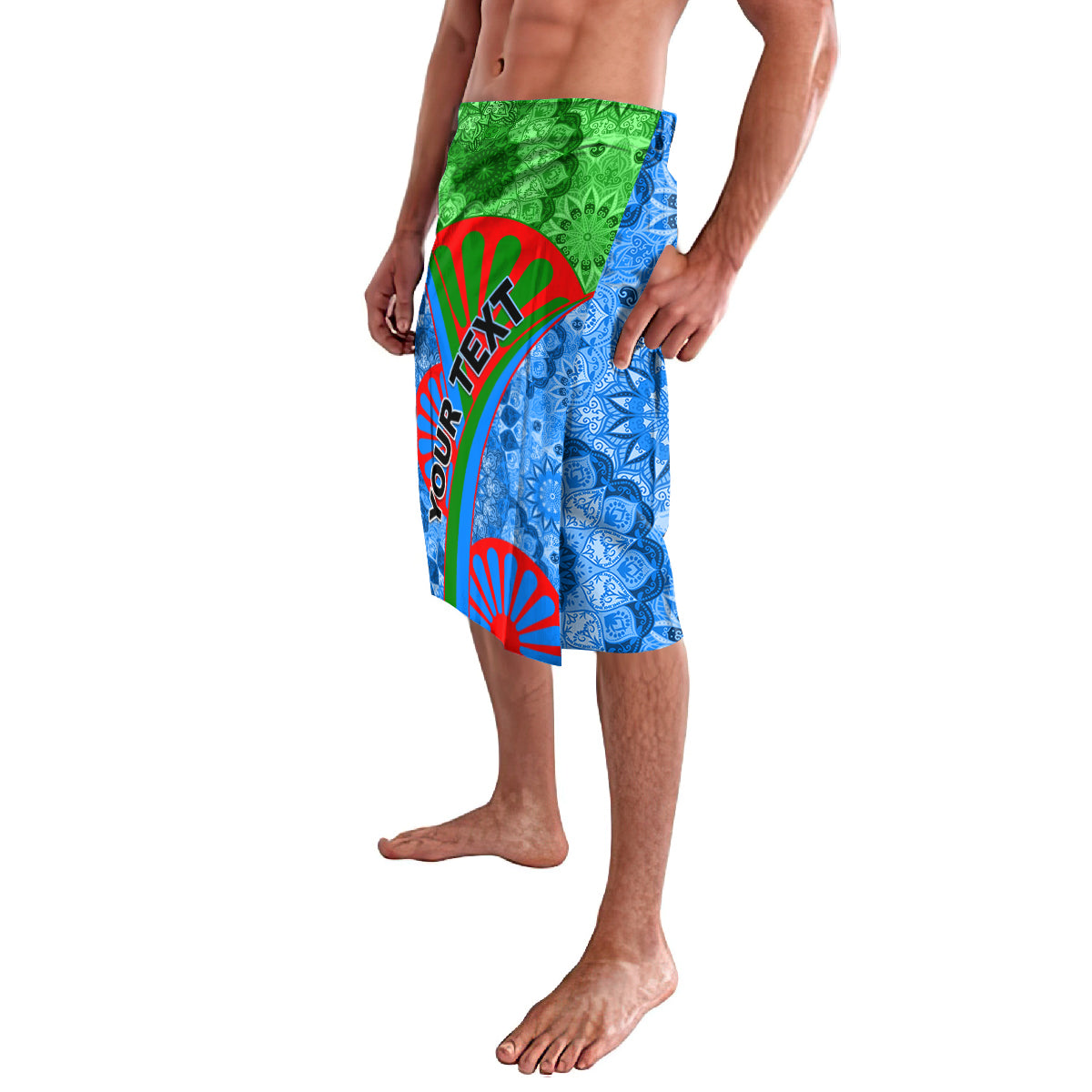 Lavalava wrap skirt, green blue red side panel with diagonal text graphic