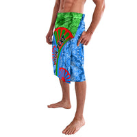 Lavalava wrap skirt, green blue red side panel with diagonal text graphic