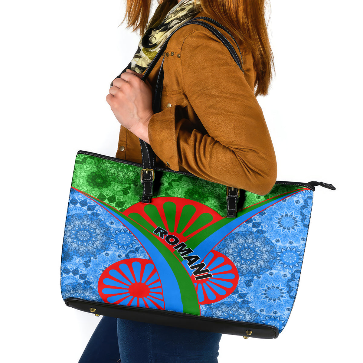 International Romani Day 2024 Leather Tote Bag Gypsy Pattern Tribal - Wonder Print Shop