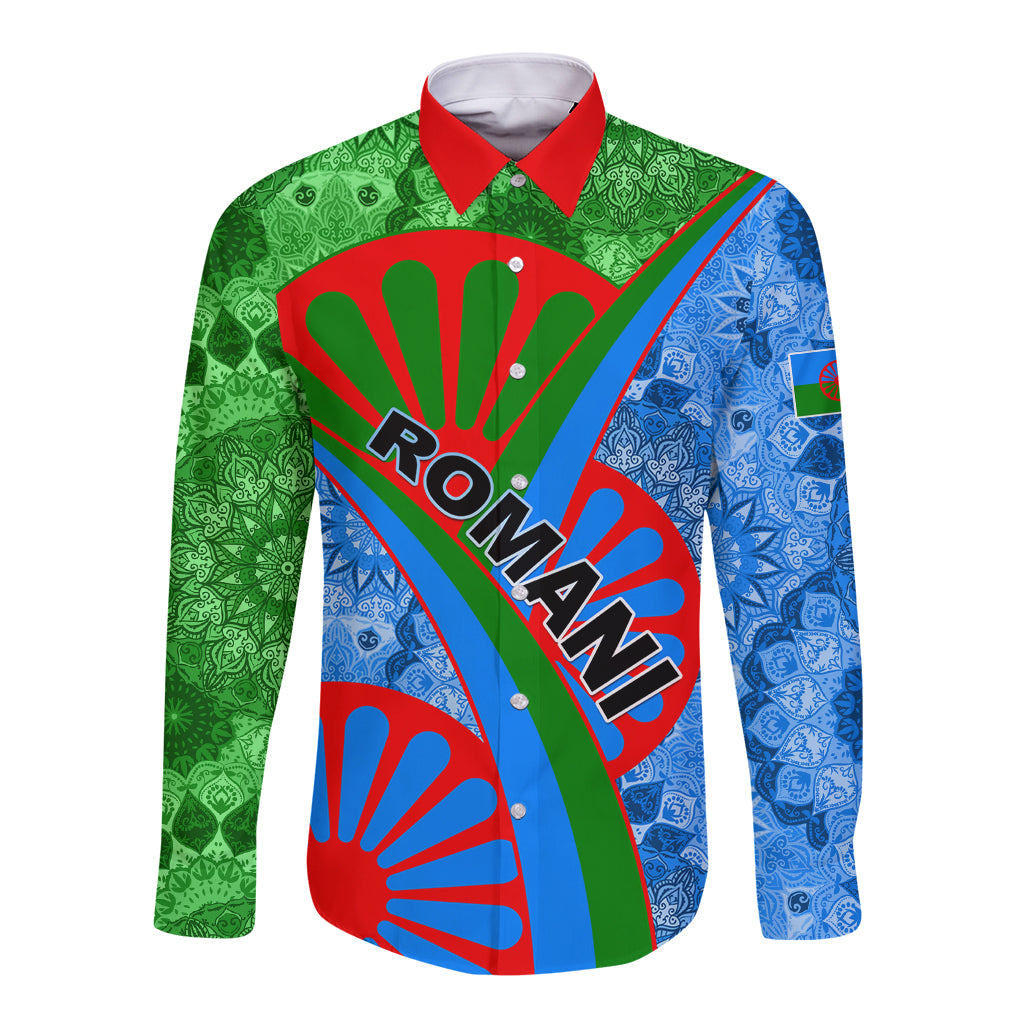Long-sleeve button shirt with green, blue, and red tribal graphic and white buttons