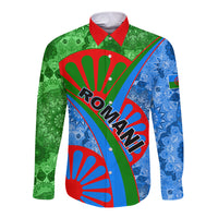 Long-sleeve button shirt with green, blue, and red tribal graphic and white buttons
