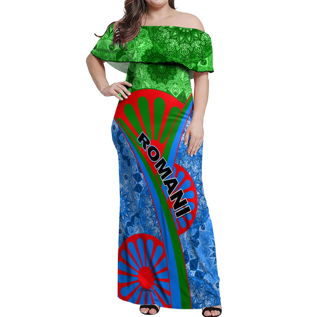 International Romani Day 2024 Off Shoulder Maxi Dress Gypsy Pattern Tribal - Wonder Print Shop