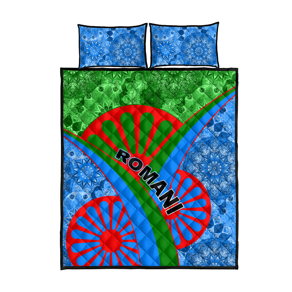 Romani quilt bed set, top view, blue mandala design with green-red stripes and two pillowcases