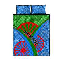 Romani quilt bed set, top view, blue mandala design with green-red stripes and two pillowcases