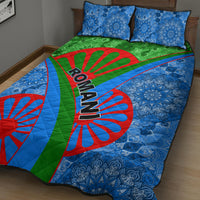 Romani quilt bed set with large circular red-blue motif and bold ROMANI lettering, two pillows