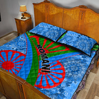 Romani quilt bed set with blue mandala background, green-red band, and matching two pillowcases