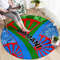 Round carpet with blue and red burst graphics, green diagonal stripe, and Roma text
