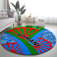 Round carpet with blue, green, red Roma burst pattern and bold black text