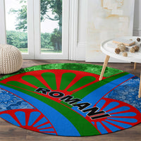 Round carpet featuring blue and green diagonal stripes with red Roma burst text