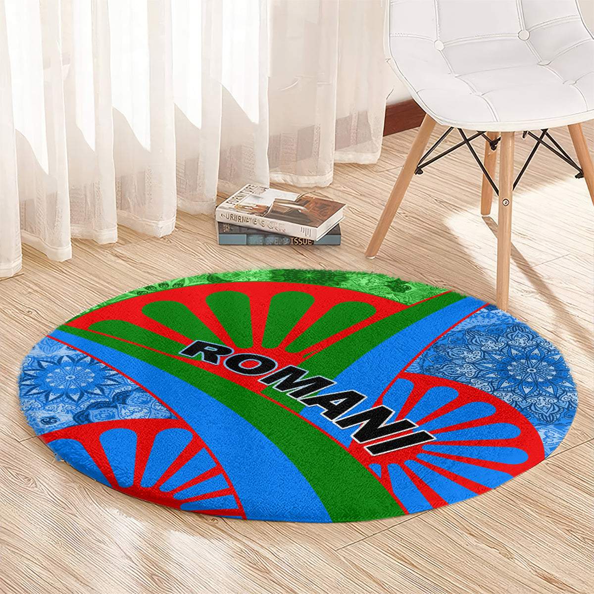 Round carpet with blue floral burst sides, green center stripe, and Roma lettering
