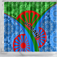Romani-themed shower curtain with large red banner, sunburst motifs, and green-blue tribal print