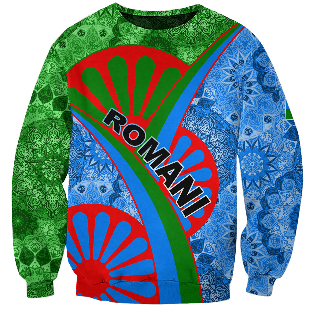 Unisex crewneck sweatshirt with green/blue/red tribal graphic and bold lettering
