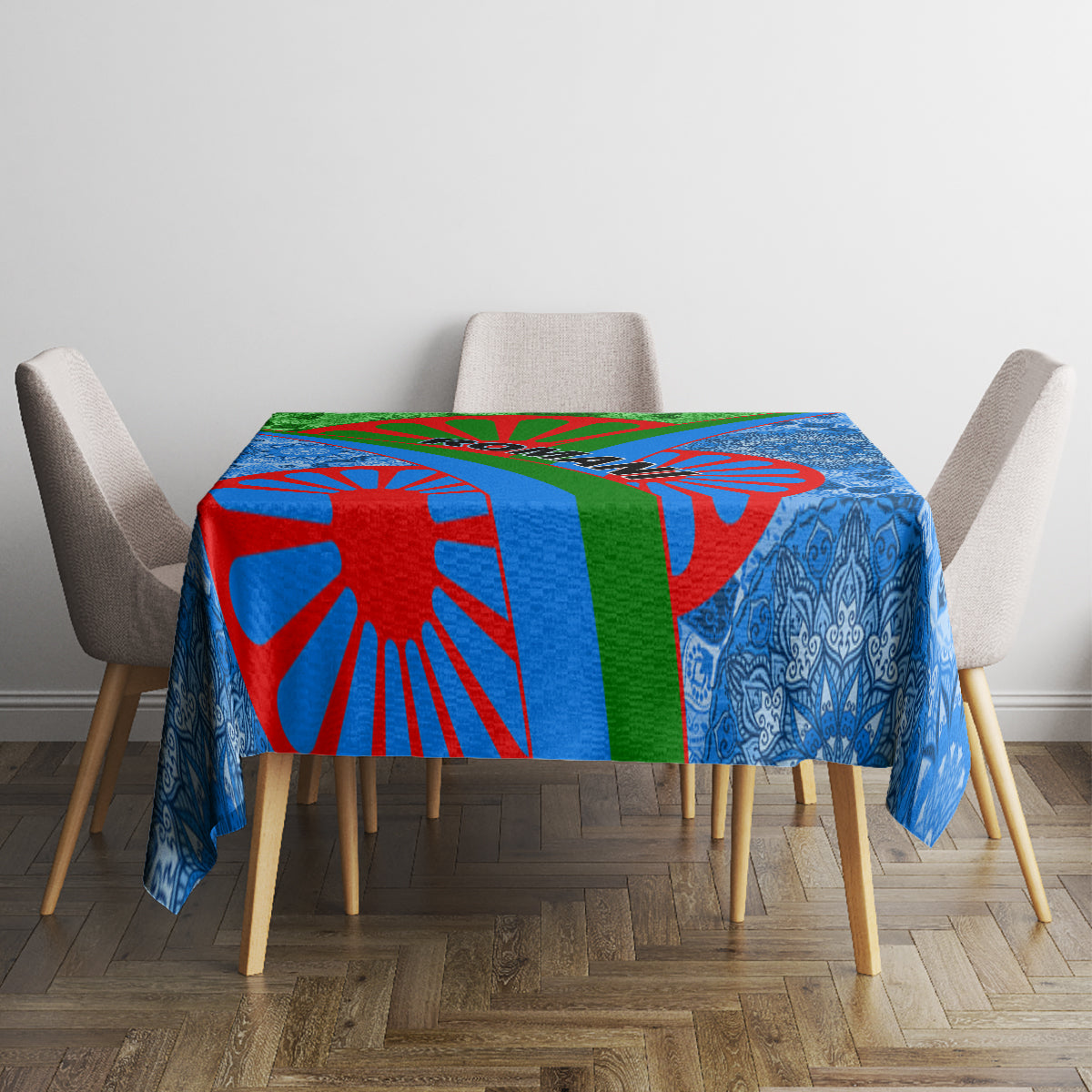 Blue tablecloth with red and green geometric stripes and ornate dark-blue floral pattern