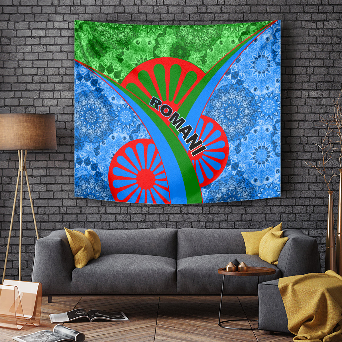 Wall tapestry with green and blue tribal pattern and red Roma emblem, diagonal accents