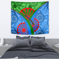 Wall tapestry with green and blue mandala-style pattern and red Roma emblem