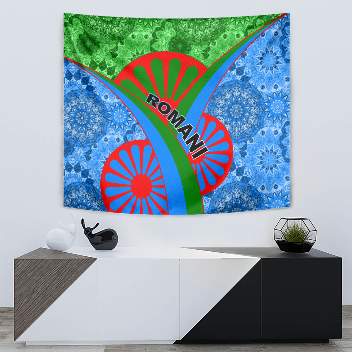 Wall tapestry with green and blue tribal pattern and red Roma emblem, bold red banner