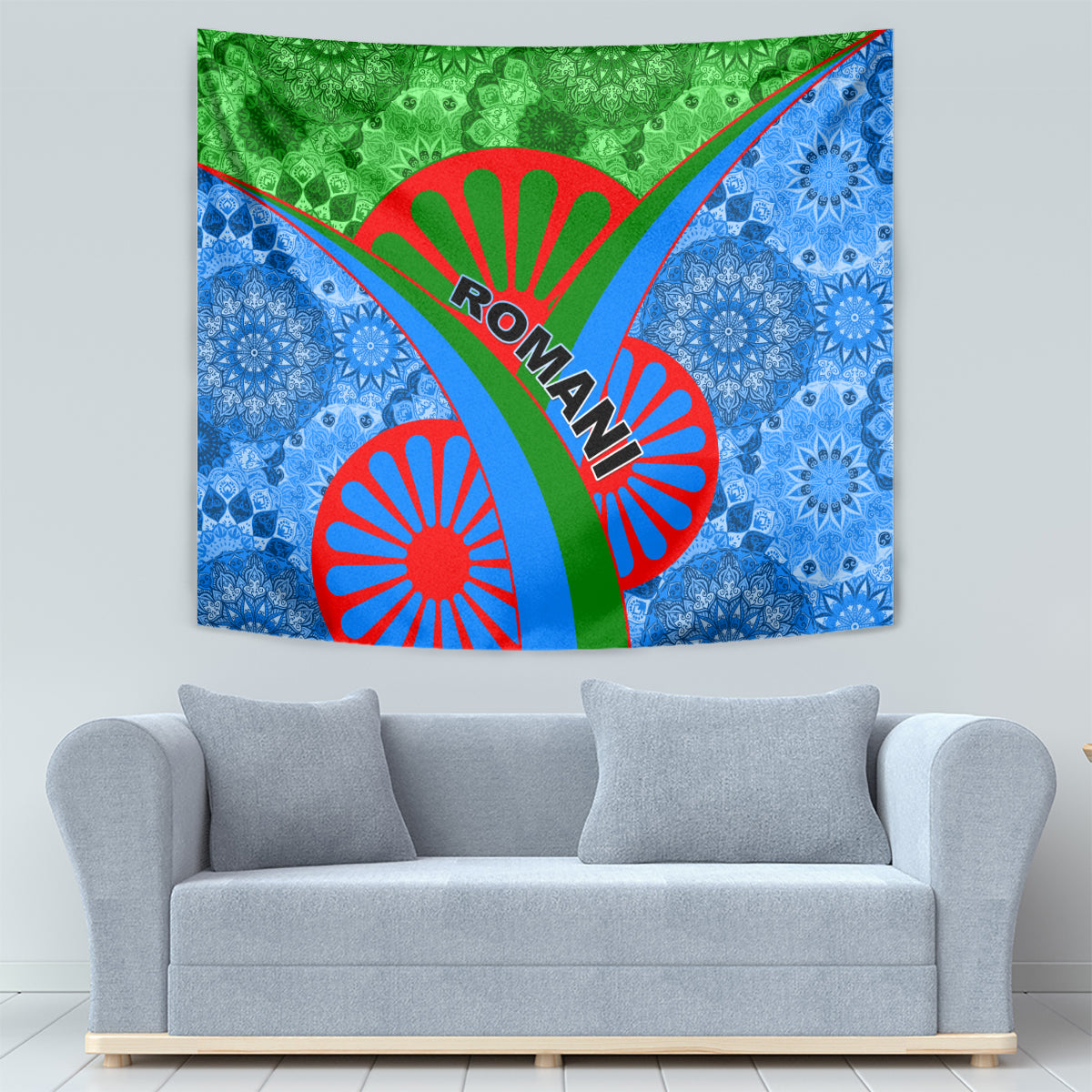 Wall tapestry with green and blue tribal pattern and red Roma emblem, full centered design