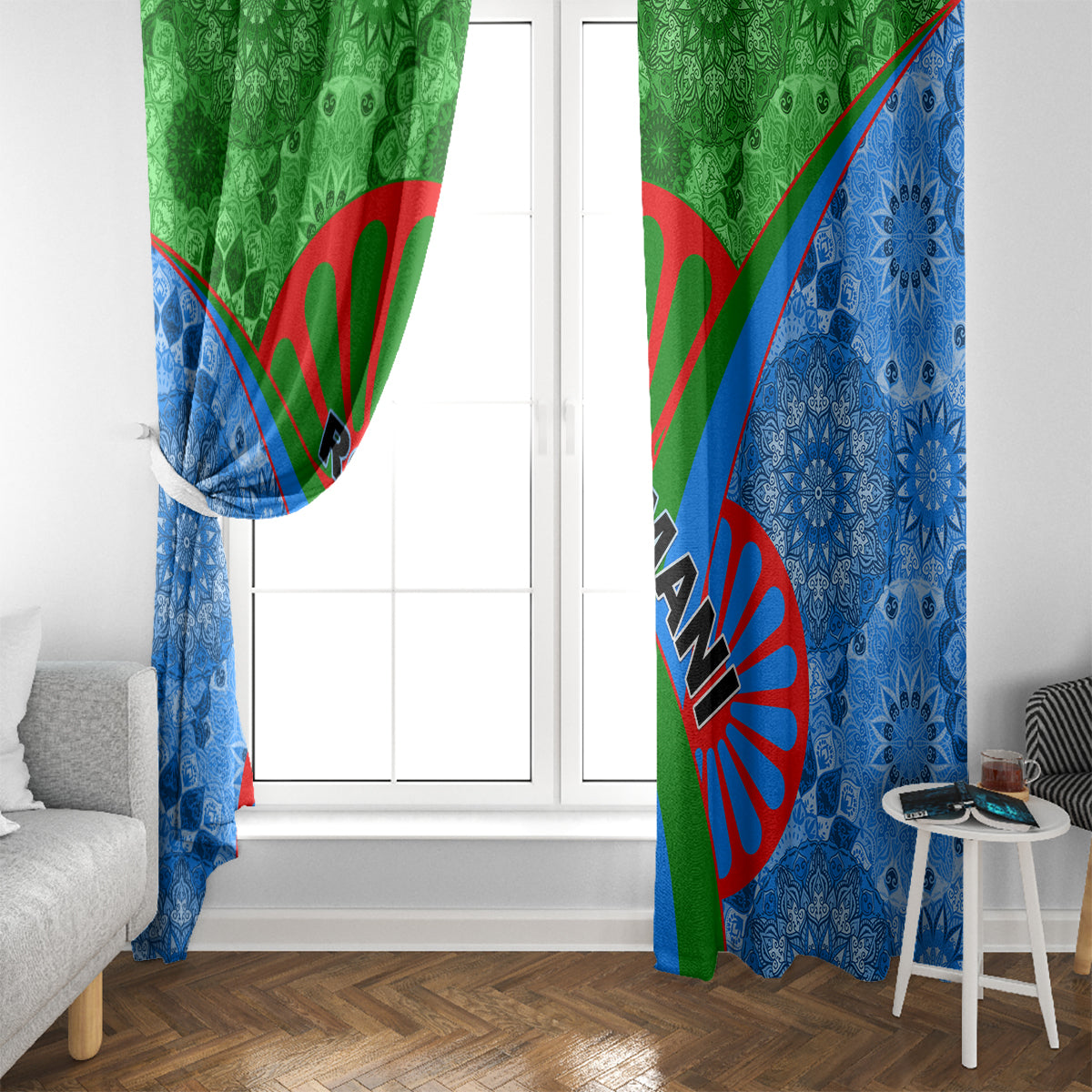 Window curtain pair in blue and green with red sunburst shapes and diagonal tribal motif.
