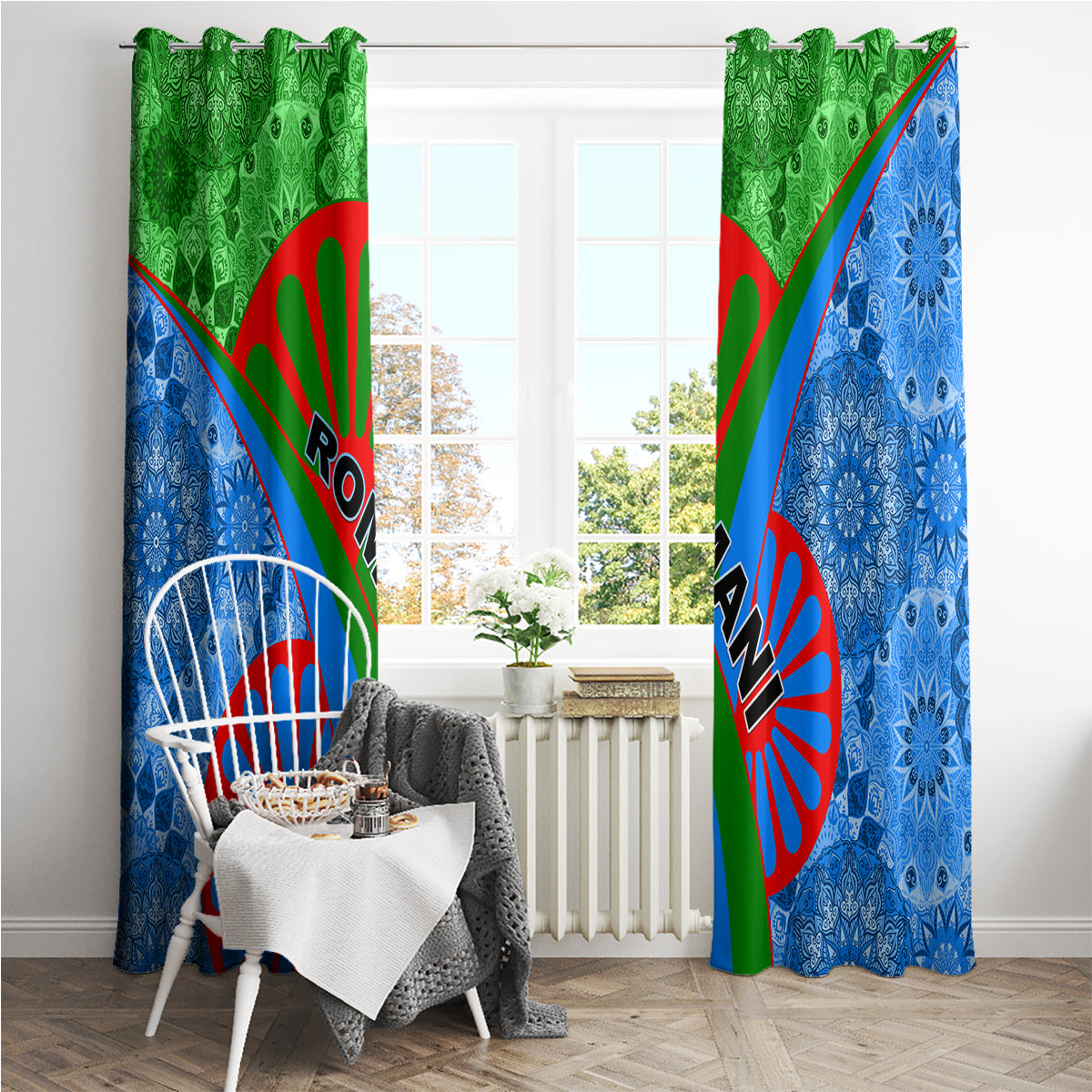 Blue and green window curtain pair with red sunburst emblems and tribal diagonal stripe design.