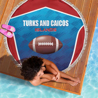 Round rugby beach blanket featuring Turks and Caicos Islands text, football graphic, fringes