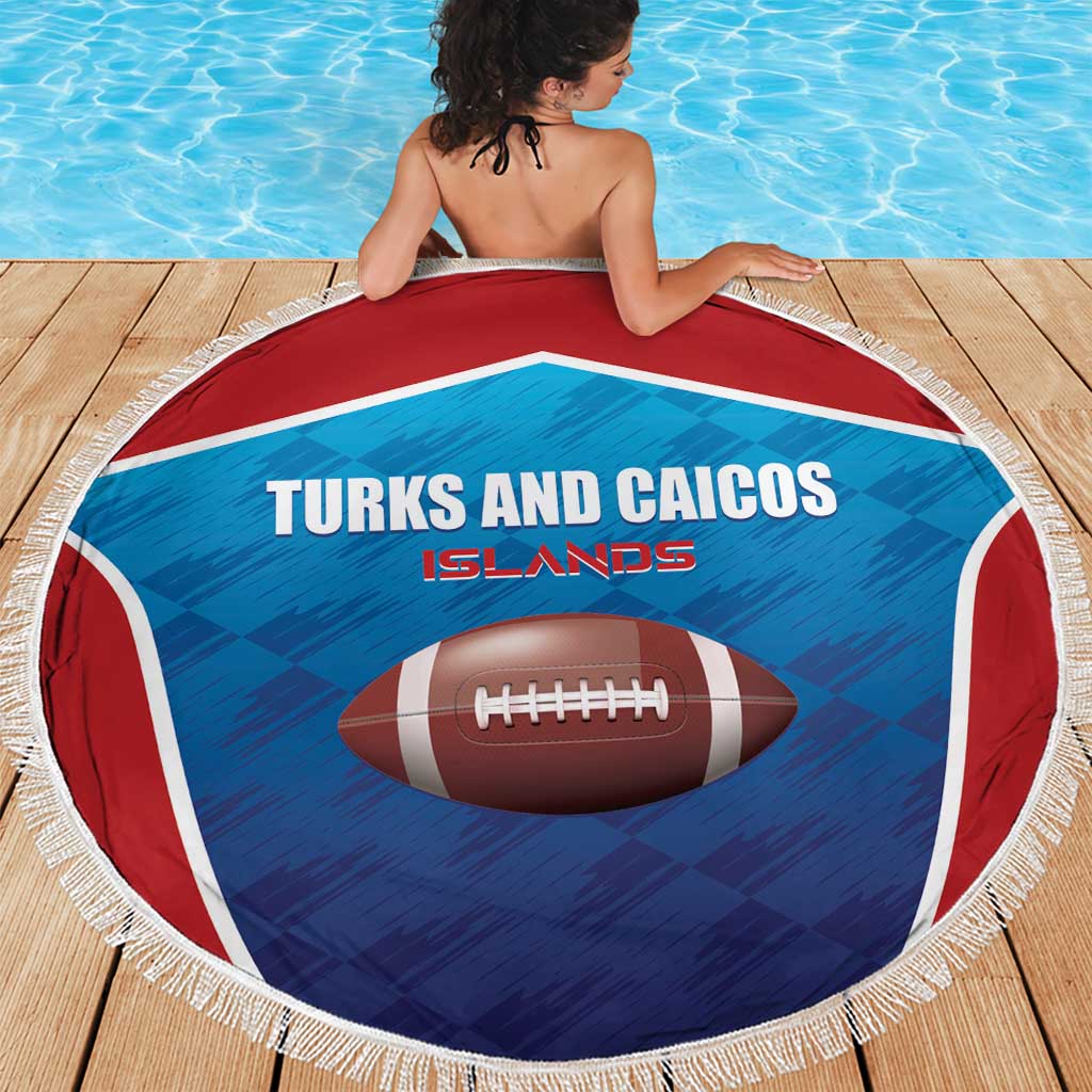 Round rugby beach blanket with blue/red Turks and Caicos Islands design and white fringe