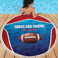 Round rugby beach blanket with blue/red Turks and Caicos Islands design and white fringe