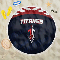Round Titanes beach blanket, navy fabric with red-and-white top band, white fringe edge