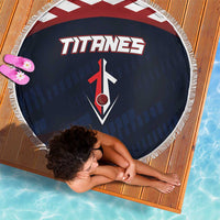 Round Titanes beach blanket, navy center with Titanes logo and red diamond, white fringe