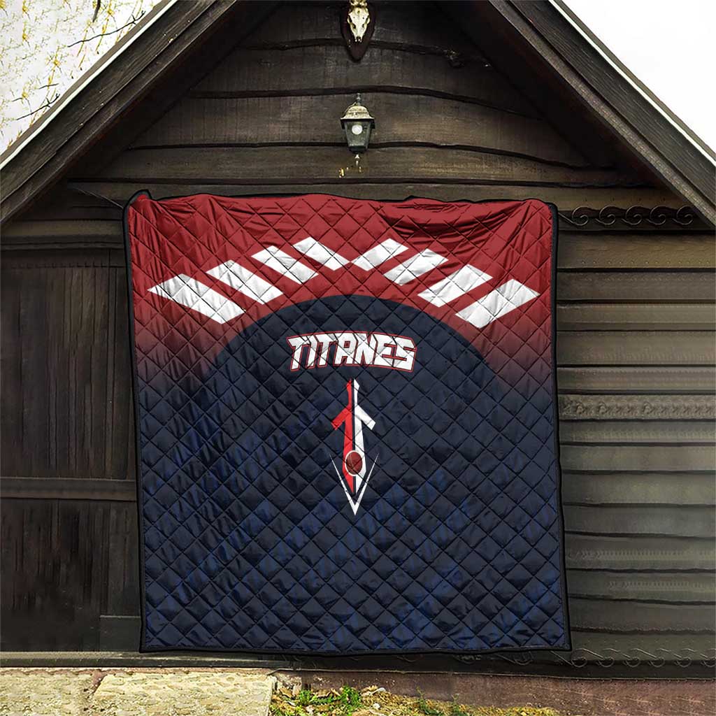 Quilted baseball team blanket with Titans logo, red top and navy bottom