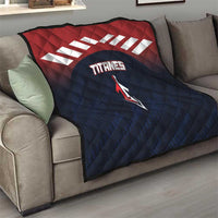 Quilted Titans baseball team blanket draped over sofa with navy and red design