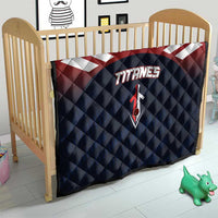 Quilted Titans baseball team blanket on a wooden crib with navy and red colors