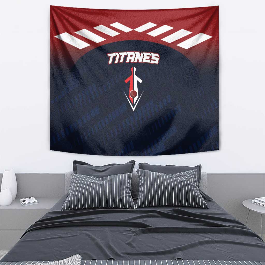 Baseball team wall tapestry in red and navy with white zigzag stripe and TITANES emblem