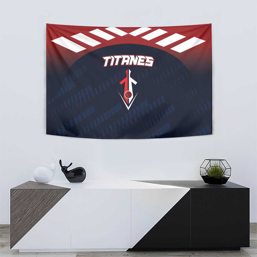 Navy and red baseball tapestry showing white zigzag band and TITANES wordmark with icon