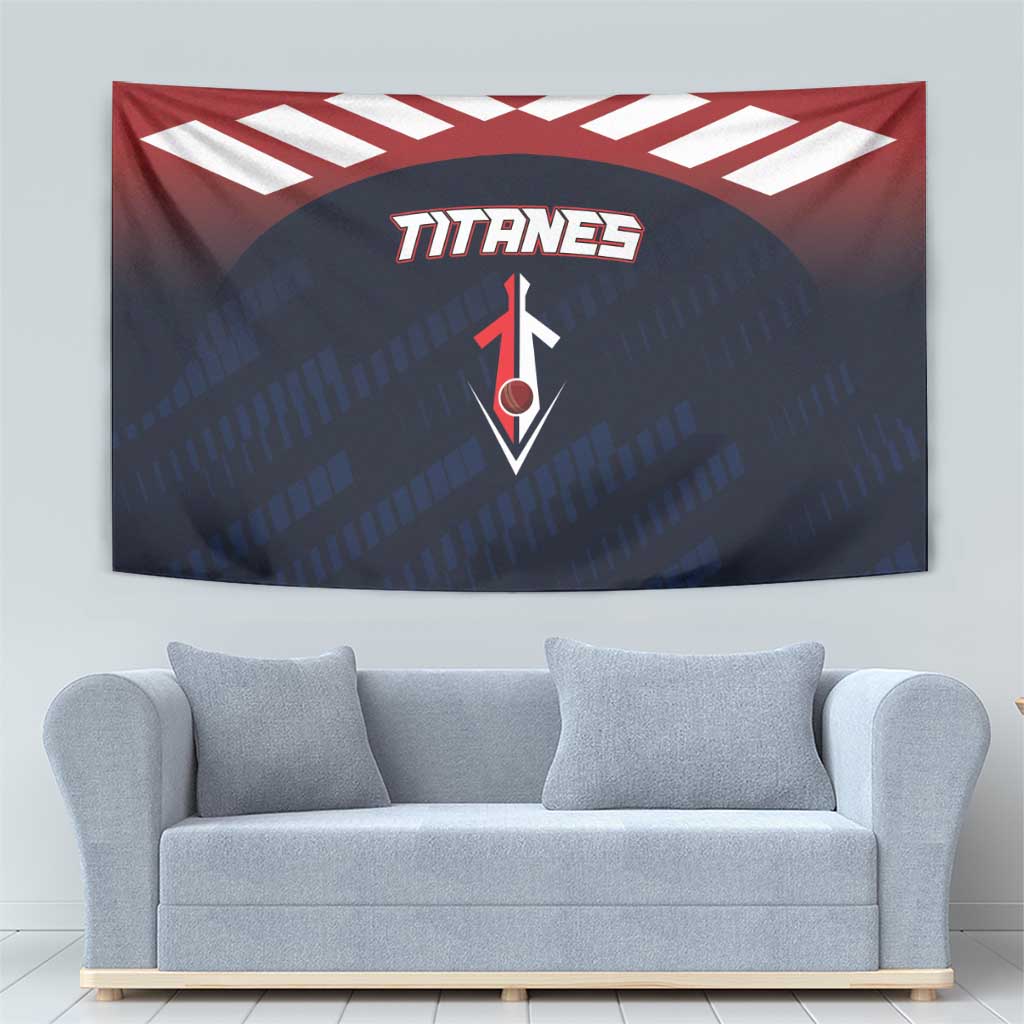 Red and navy rectangular baseball tapestry with white top stripes and TITANES center emblem