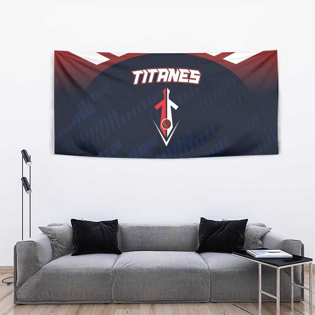 Baseball team tapestry, navy background with red border, white zigzags, and TITANES logo