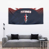 Baseball team tapestry, navy background with red border, white zigzags, and TITANES logo