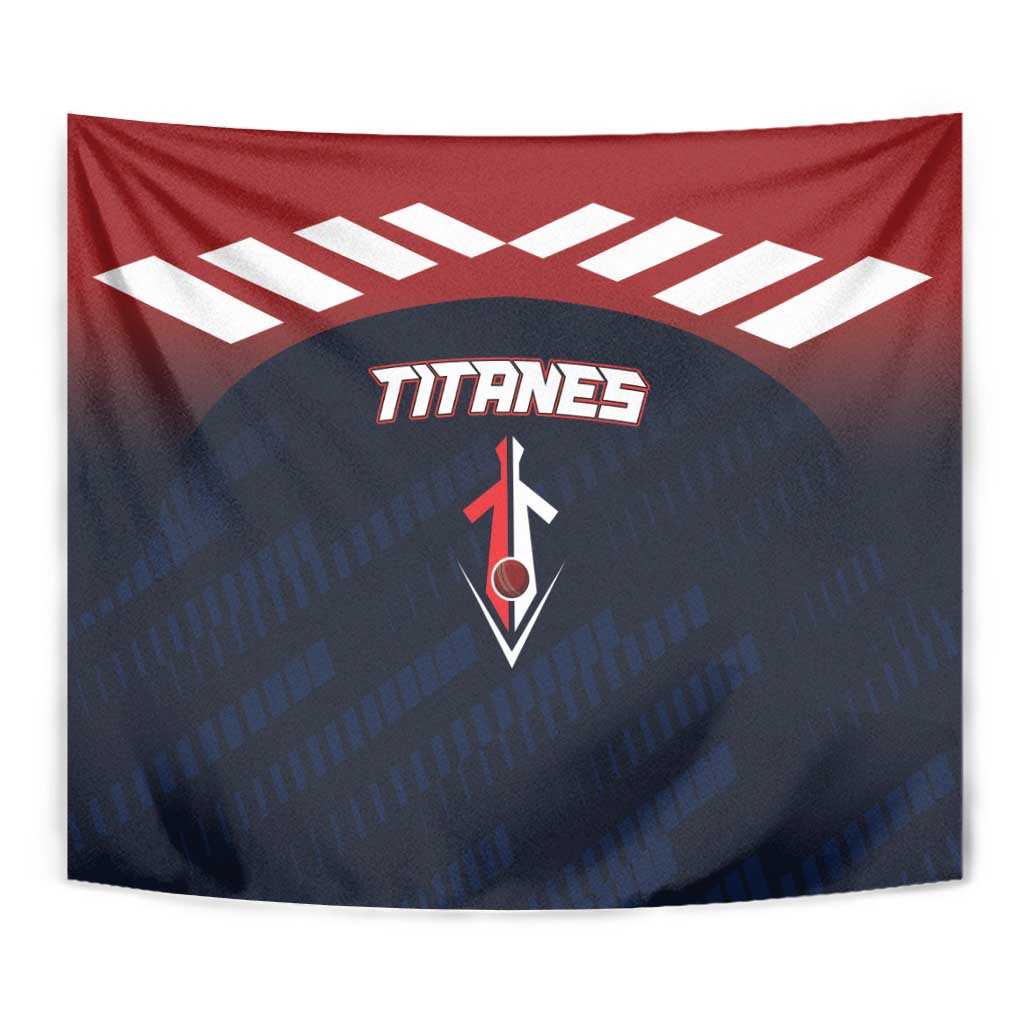 Close-up rectangular tapestry with red top stripe, navy field, white pattern, and TITANES