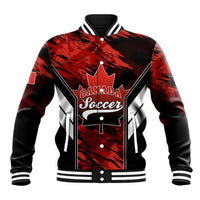 Canada Soccer baseball jacket with red-black pattern, white sleeve stripes, snap front
