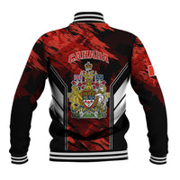 Canada Soccer baseball jacket back with crest graphic, red-black camouflage, striped rib hem