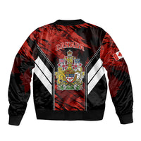 Black bomber jacket with red Canada crest graphic, center zip, Canada flag sleeve patch