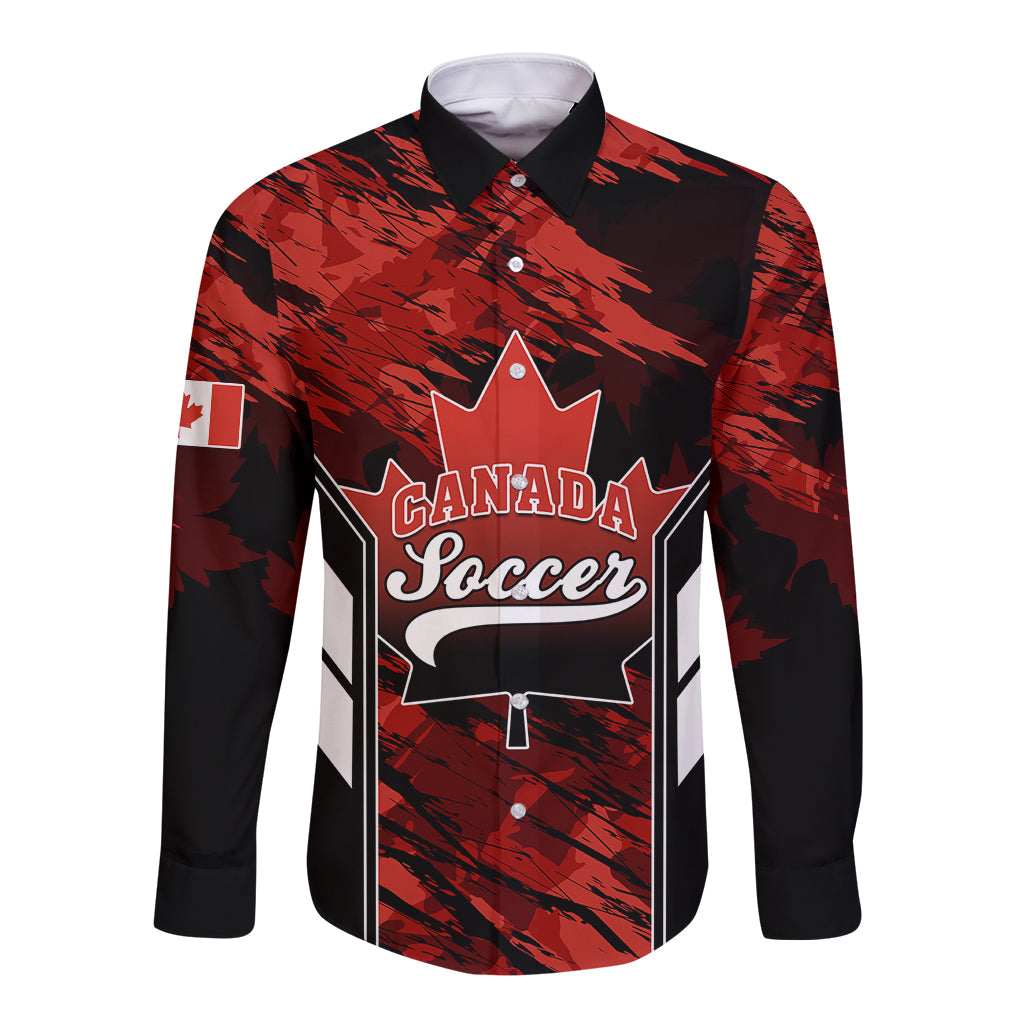 Unisex long sleeve button shirt, red and black Canada Soccer graphic front