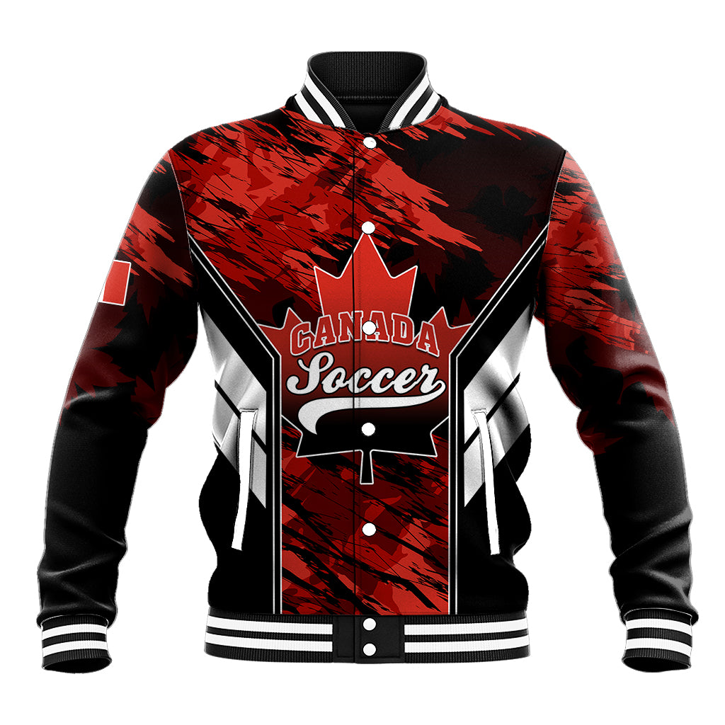 Black and red Canada Soccer baseball jacket with striped ribbed collar and button front.