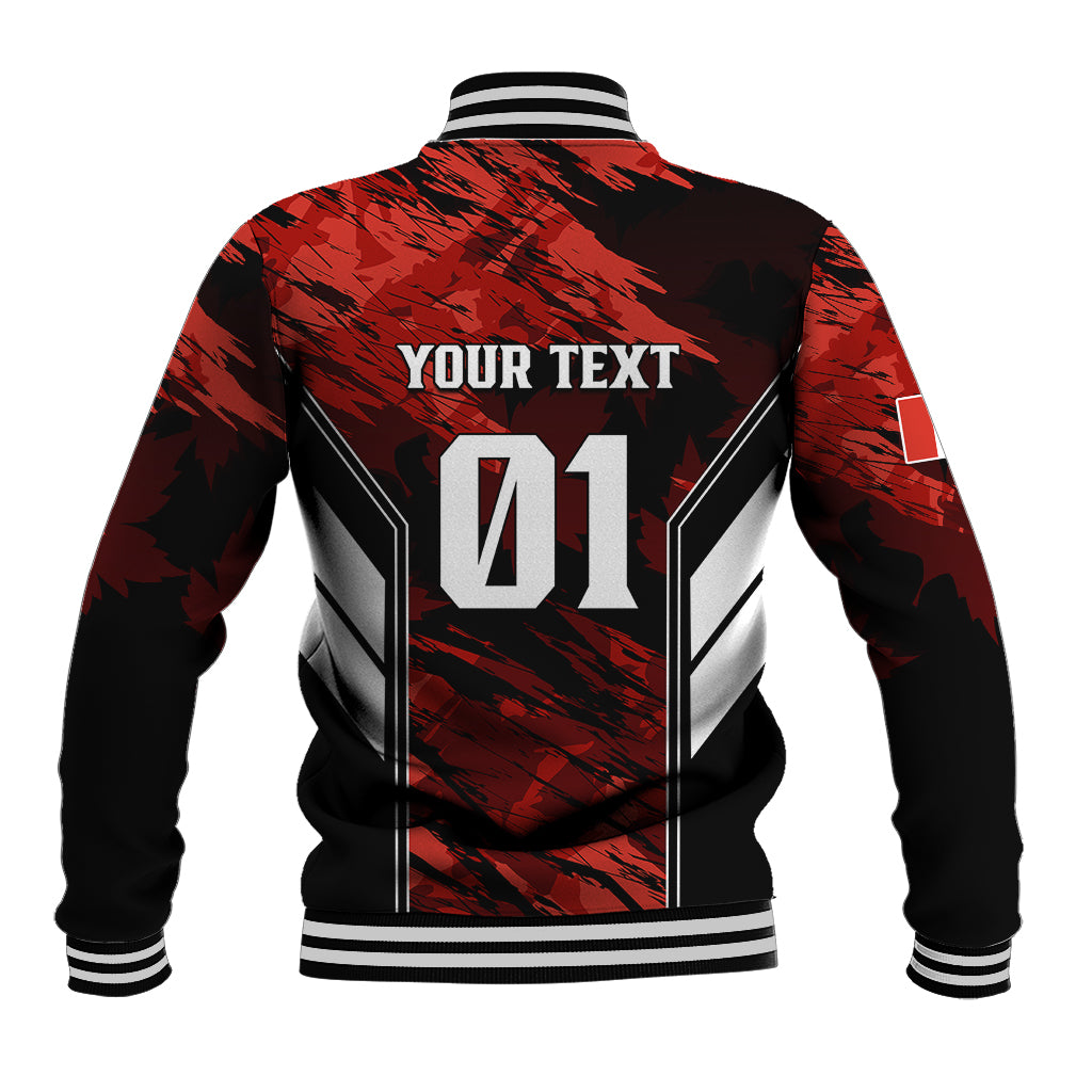 Black and red baseball jacket with back print 'YOUR TEXT' and number 01.