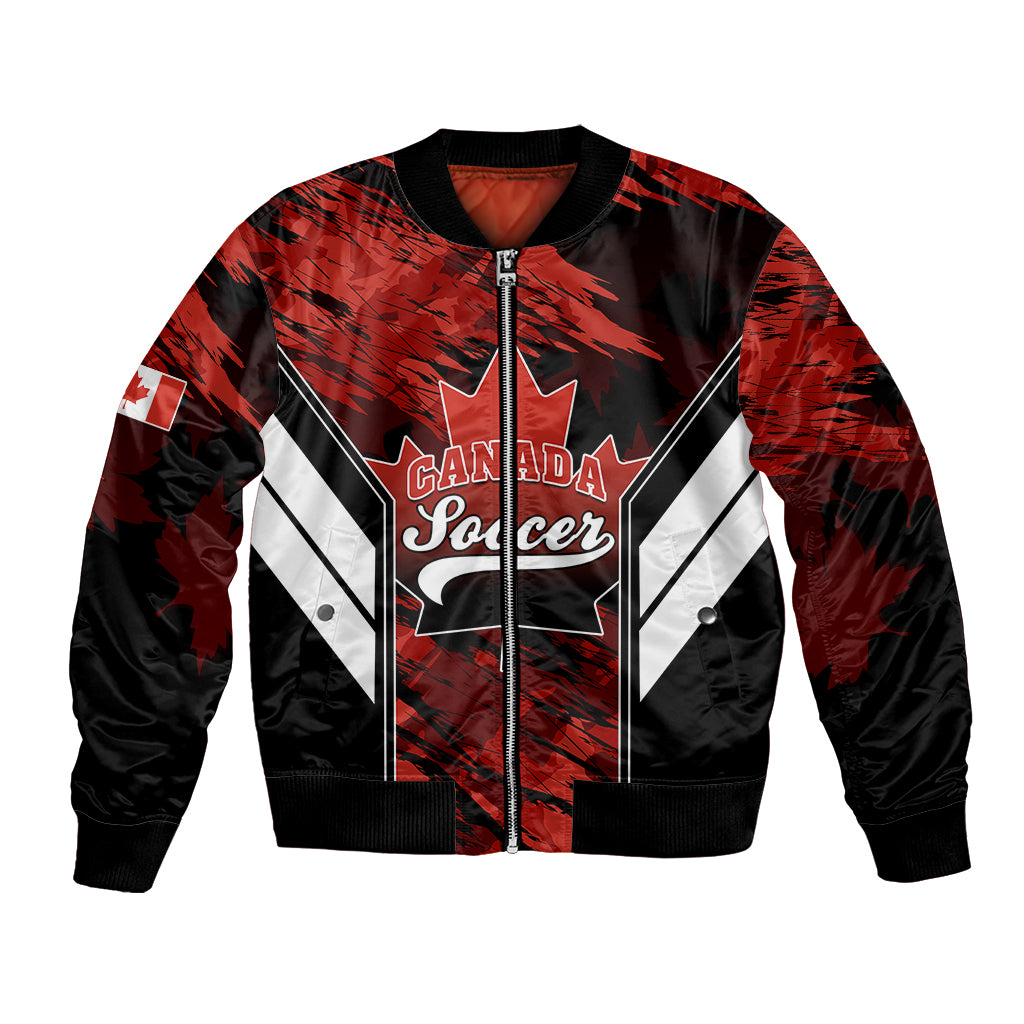 Black bomber jacket with Canada Soccer graphic, red accents, full zip, ribbed cuffs.
