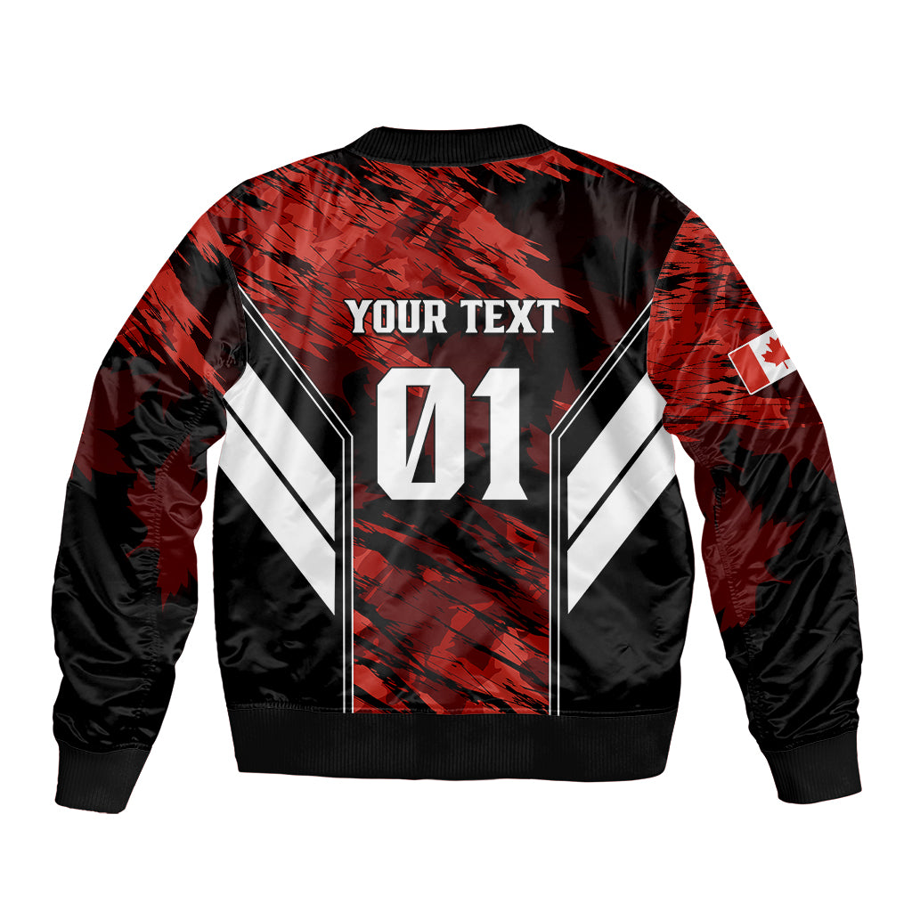 Black bomber jacket with red camo pattern, YOUR TEXT and 01 print, full zip, ribbed cuffs.