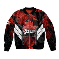 Black zip-up bomber jacket with red Canada Soccer graphic and white sleeve stripes