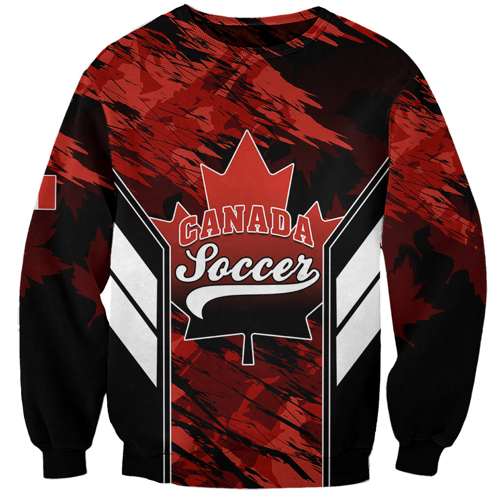 Crewneck sweatshirt, black with red maple-leaf Canada Soccer front graphic, long sleeves