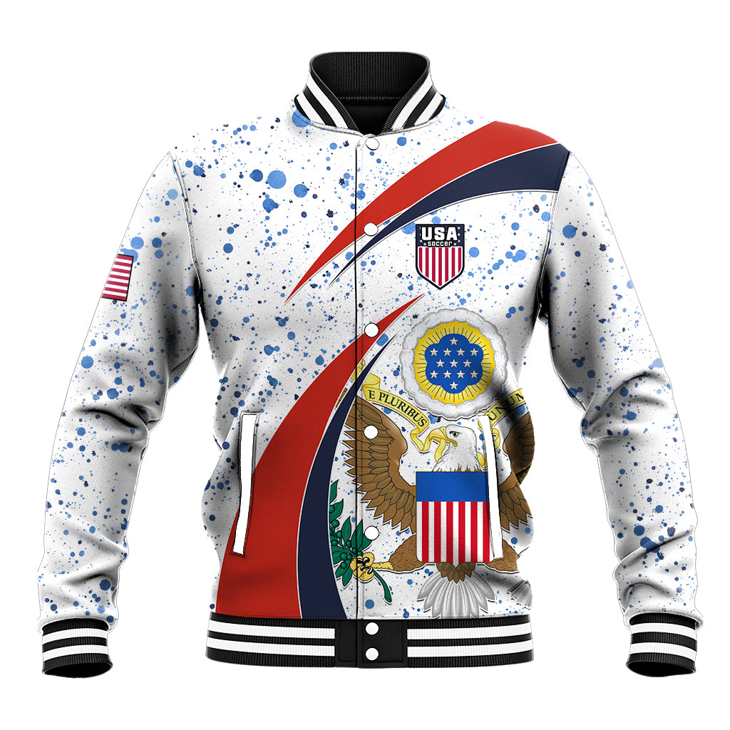 White speckled USA emblem varsity baseball jacket with red and blue stripe, ribbed cuffs